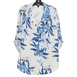 Michael Tyler Top 3/4 Sleeve Linen Coastal Boho Retro Resort Button Floral Large